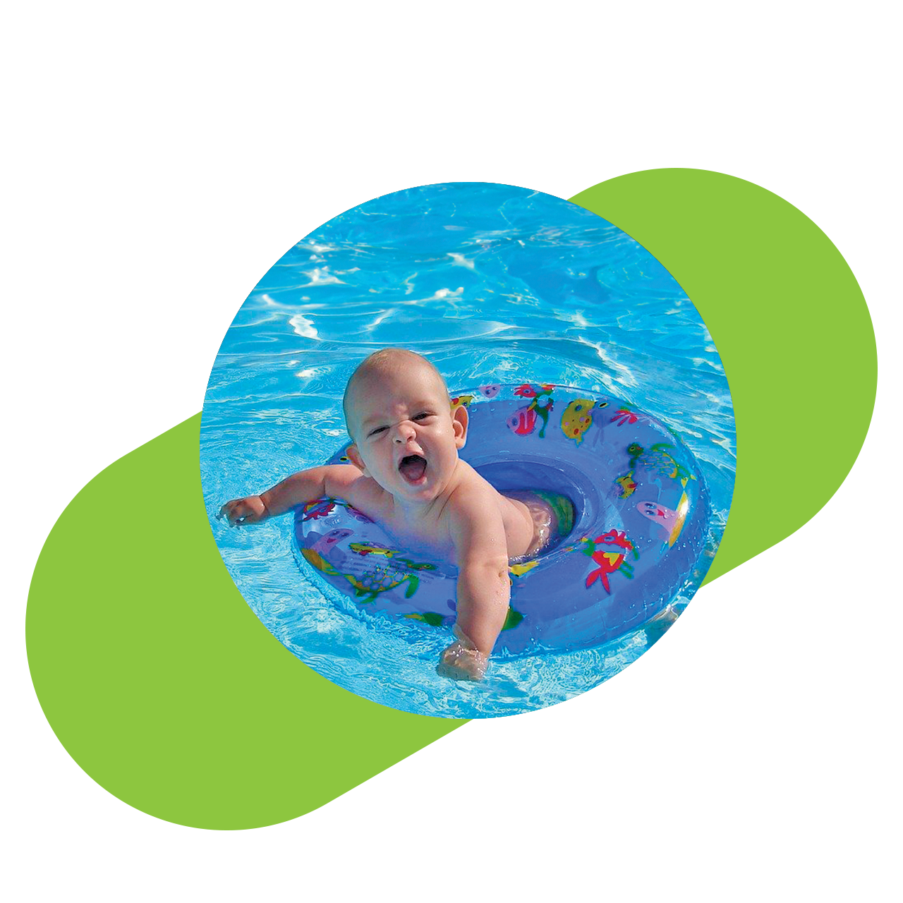 Bebé feliz nadando con flotador en piscina
