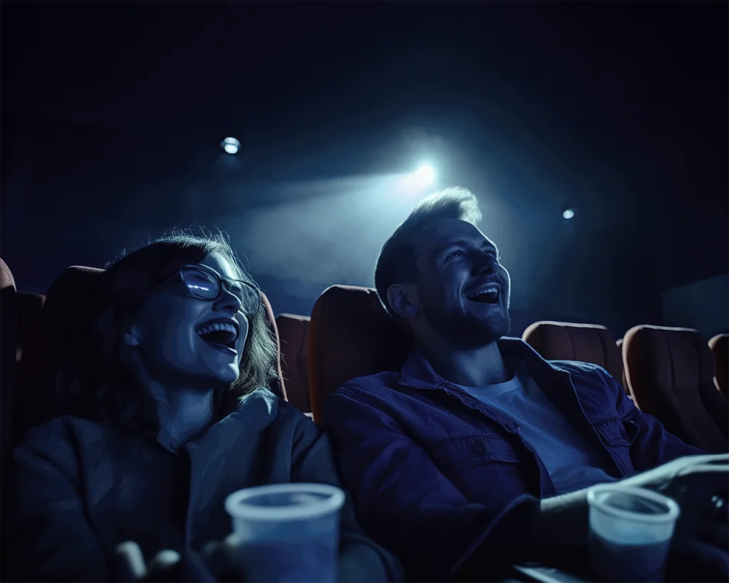 Mujer y hombre riéndose mientras observan película en sala de cine