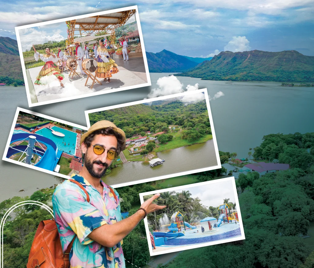 Hombre turista presentando al fondo fotografías de parques de recreación y folclor