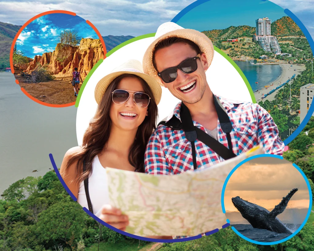 Collage de fotos turísticas, pareja, hombre y mujer viendo un mapa de destinos turístico