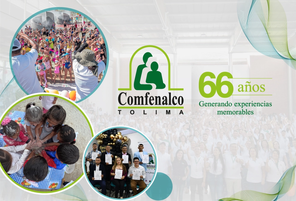 Grupo de personas alegres, en marco del cumpleaños número 66 de Comfenalco Tolima