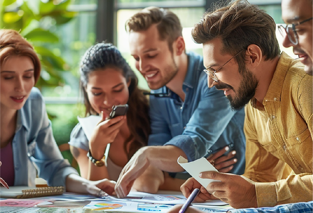 mujeres y hombres trabajando en equipo comunicándose asertivamente