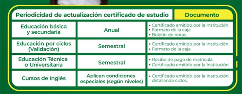 Imagen que detalla la periodicidad de actualización del certificado de estudio