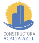 Logo featuring two blue buildings against a yellow sunburst, with the text "CONSTRUCTORA ACACIA AZUL" below.