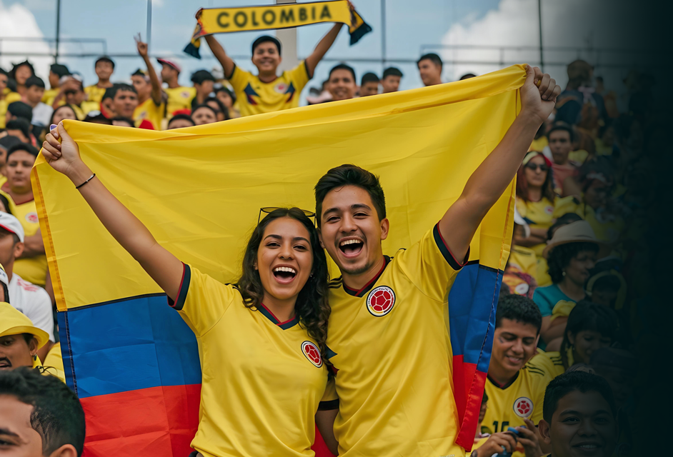 Pareja en un estadio de fútbol apoyando a la selección Colombia